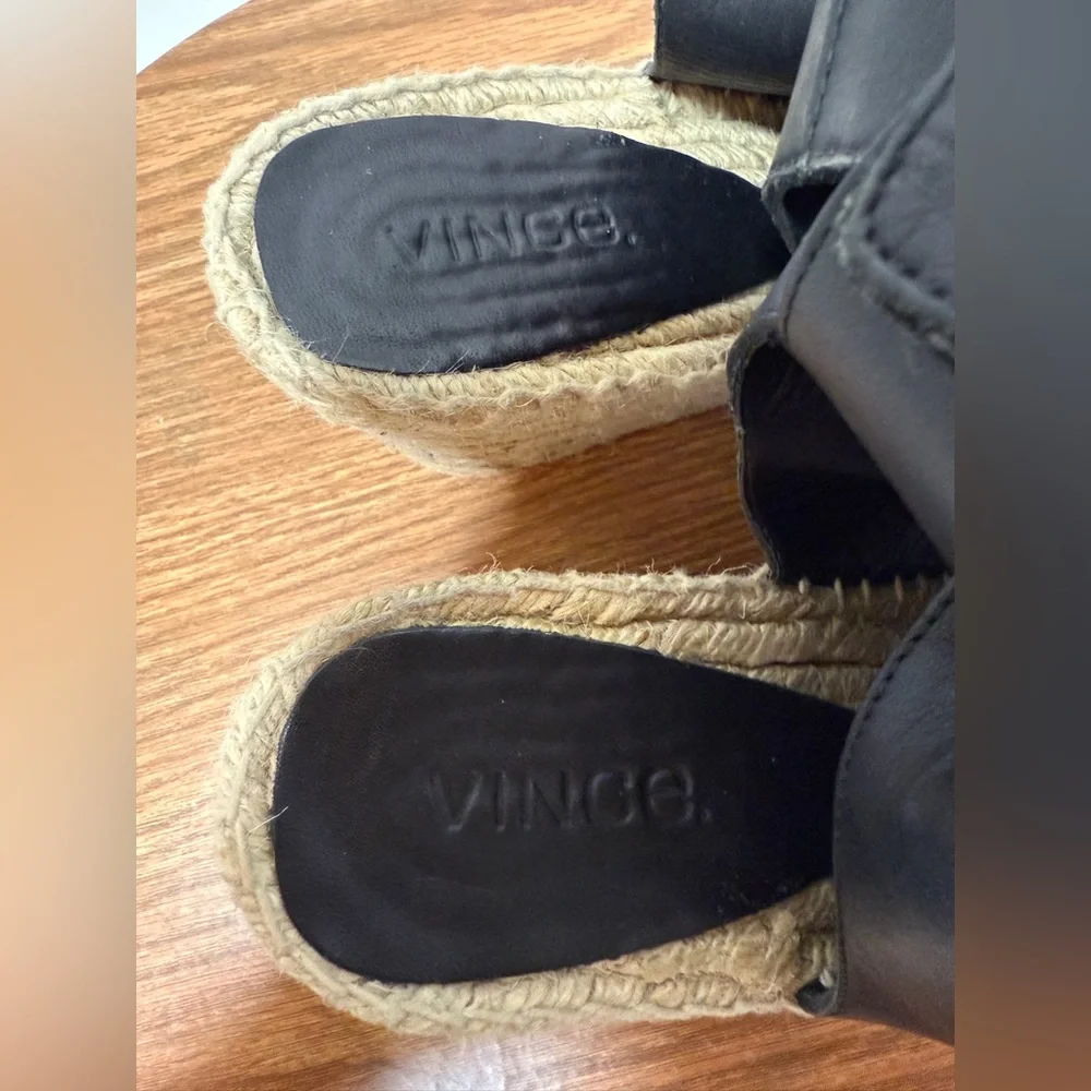 Vince Seymour Covered Black Leather Open Toe Espadrille Jute Wedge Sandal 9M
